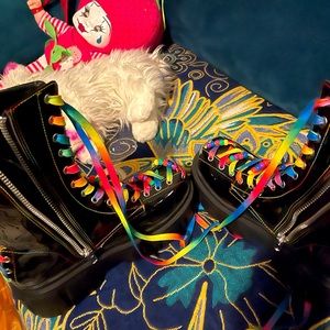 Black vinyl rainbow oil slick boots. Brand new - rainbow laces platform